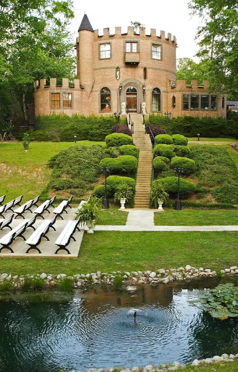 view of Lousiana Castle with lily pond and some seating